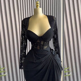 Women Clothing Spring Elegant Square Collar Lace Long Sleeve High Waist Slimming Midi Dress