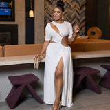 Elegant Women Clothing Hollowed out Split Socialite Asymmetric Dress round Neck Solid Color Pleated Dress