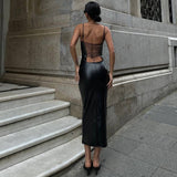 Women Clothing Summer Faux Leather Sexy Backless Lace Up Tight Waist Sheath Split Sling Dress