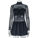 Women Clothing Pleated Slightly Transparent Personality A line Dress Solid Color Stand Collar Long Sleeve Short Dress