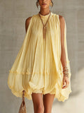 Sleeveless Pleated Dress Women Loose Big Hem A line Girl Dress Holiday Dress