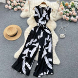 V-Neck High Waist Floral Print Wide Leg Jumpsuit - Loose Fit Women's Romper with Belt