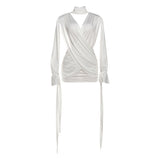 Autumn Winter Women Solid Color Sexy Hollow Out Cutout Long Sleeved Deep V Plunge neck Cross Stitching Hip Dress