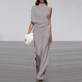 Women Pants Solid Color One Shoulder Pile Collar Jumpsuit Popular Dress Trousers