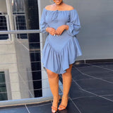Sexy Slim Fit Solid Color Lace Band Elastic off Shoulder Lantern Sleeve Dress