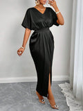 Women Clothing Early Autumn Satin Dress Ball Gown Satin Waist Tight Maxi Dress