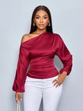 Women Clothes Satin Shirt Autumn Winter Asymmetric Long Sleeve Diagonal Collar Shirt Top