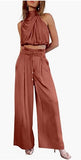 Women Casual Sleeveless Collar Two Piece Sets Wide Leg Pants Summer Cropped Top