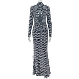 Women Hollow Out Cutout Design Striped Hip Dress Hanging Collar Long Sleeve Printed Dress