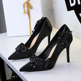 French Wind Black Sexy Rose Ribbon Design Satin Stiletto Heel Pointed High Heel Women Shoes