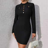 Autumn Women Clothing Slim-Fit Black Long-Sleeved Knitted Dress