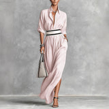 Women Clothing Draping Effect High Slit Maxi Dress Lapels Single Breasted Long Sleeve Dress