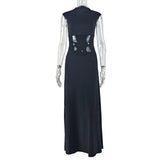 Solid Color Waist Tight Women Clothing Sleeveless Elegant All Matching A line Dress Patchwork Turtleneck Street Maxi Dress