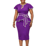 Women Clothing African Bell Sleeve round Neck Multicolor Lace up Ruffled Sheath Dress