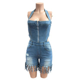 Women Clothing Arrival Denim Women Wear Slim Fit Burrs Tassel Denim Jumpsuit