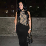 Women Clothing Autumn Solid Color Sexy Lace Stitching Sleeveless Waist Baring Slim Fit Maxi Dress
