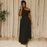 Women Clothing Solid Color Design Fitted Waist Pleated A line Dress Diagonal Collar Sleeveless Open Shoulder Maxi Dress