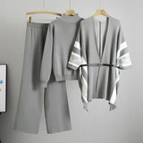 Spring Women Graceful Fashionable Knitted Shawl Cardigan Turtleneck Sweater Wide Leg Pants Three Piece Set
