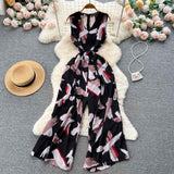 V-Neck High Waist Floral Print Wide Leg Jumpsuit - Loose Fit Women's Romper with Belt
