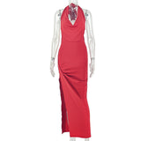 Women Clothing Solid Color Pleated Slimming Side Slit Hip Dress Swing Collar Sleeveless Long Trendy Dress