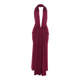 Women Clothing Sexy Halter Deep V Plunge neck Backless Split Solid Color Dress