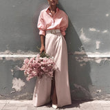 Women Pink Two Piece Set Loose Shirt High Slit Skirt Romantic Skirt Two Piece Sets