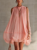 Sleeveless Pleated Dress Women Loose Big Hem A line Girl Dress Holiday Dress
