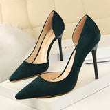 Simple Stiletto Heel Suede Shallow Mouth Pointed Toe Sexy Nightclubs Thinner Side Hollow Out Cutout Pumps