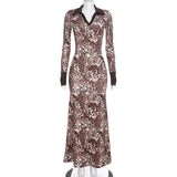 Women Clothing Autumn Sexy Digital Printing Contrast Color Polo Collar Long Sleeve Slim Dress