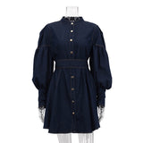 Denim Shirt Dress Niche Design Lantern Sleeve Lace up Graceful Fashionable Dress