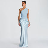 Women Clothing Autumn Winter Expensive Socialite One Shoulder Pleated Stitching Hip Fishtail Dress