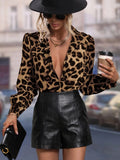 Women Clothing Satin Shirt Early Autumn Casual Leopard Print Sexy Long Sleeved Top