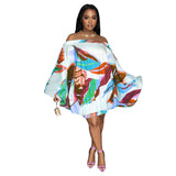 Spring Summer Off Shoulder Loose Elastic Printing Batwing Shirt Long Sleeve Dress