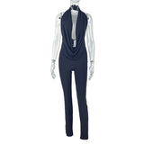 Halter Swing Collar Solid Color Commuting Pants Set Backless Lace up Top Tight Trousers Two Piece Set