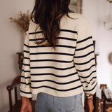 Sweater Autumn Winter Black White Striped Button Knitted Cardigan Casual Long Sleeved Sweater for Women