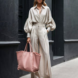 Autumn Solid Color Long Sleeved Shirt Wide Leg Pants Cotton Linen Two Piece Sets