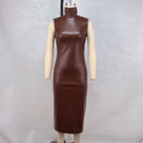 Women Clothing Turtleneck Faux Leather Sleeveless Waist Sheath Split Dress Women Dress