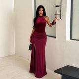 Halter Sequined Elegant Dress Sexy Split Pleated Dress for Women