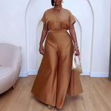 Satin Silky Strap Flounced Sleeve Wide Leg Two Piece Sets