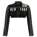 Personality Locomotive Leather Jacket Contrast Color Bud Stripe Numbers Short Faux Leather Jacket Spring Autumn