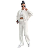 Autumn Winter Solid Color with Fur Zipper Cardigan Women Clothes Casual Straight Pants Two Piece Sets