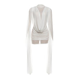 Autumn Winter Women Half Turtleneck Double Layer Stitching Mesh Ribbon Hip Wrapped Sexy Dress