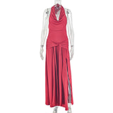 Women Clothing Solid Color Split Elegant Halter Hip Dress Swing Collar Backless Sleeveless Pleated Length Dress