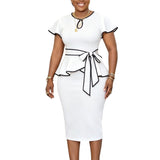 Women Clothing African Bell Sleeve round Neck Multicolor Lace up Ruffled Sheath Dress