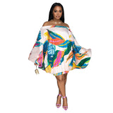 Spring Summer Off Shoulder Loose Elastic Printing Batwing Shirt Long Sleeve Dress