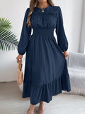 Autumn Winter Solid Color Elegant Wooden Ear Cinched Pleated Maxi Dress Women Clothing