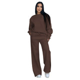 Autumn Winter Solid Color Round Neck Long Sleeve Loose Women Wear Casual Wide Leg Pants Suit