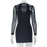 Solid Color Slim Fit Women Clothing Sexy Patchwork Socialite Hip Dress Wrapped Chest Mesh Long Sleeve Short Dress