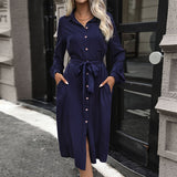 Fall Women Clothing Mid Length Solid Color Polo Collar Dress