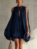 Sleeveless Pleated Dress Women Loose Big Hem A line Girl Dress Holiday Dress